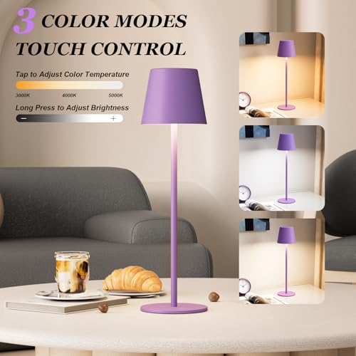 Kakanuo Cordless Table Lamp Rechargeable Purple - KK 2 Pack 5000mAH Battery Operated Lamp for Counter, 3 Color Stepless Dimming Wireless Lamp for Dining Kitchen, Outdoor Patio, Touch Control - color: Purple, size: 2 Pack 14in - Down Light