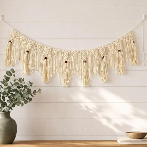 HOBO Garland, Boho Hanging Tassel, Handmade Macrame Banner for Fireplace/Birthday Party/Wedding/Window/Doorway/wall/Room/Decoration, Handcraft wall Art taperstry 44″ X 12″ (Beige) - color: Beige