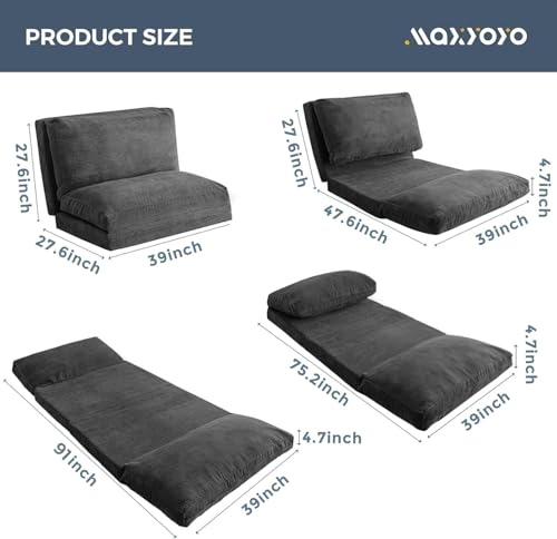 MAXYOYO Folding Sofa Bed, Extra Thick and Long Floor Sofa Convertible Chair with Washable Cover, Floor Couch Lounge Bean Bag Bed for Living Room, Dark Grey, 39x91 Inch - color: Dark Grey, size: Classic Twin
