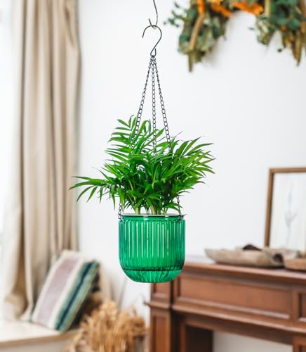 Josteve 5.2 Inch 2 Pcs Self Watering Hanging Planter Indoor Plant Pots Drainage Holes, Outdoor Small Hanging Planters Flower Pot Basket, Visible Water Level, Plant Hanger Home Decor, Gardening - color: Emerald, size: 2*5.2 inch