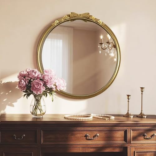 Vintage Gold Round Bow Mirror 28" – Decorative Metal Frame Circle Mirror with Beaded & Beveled Design, Antique Baroque Wall Mirror for Living Room, Bedroom, Bathroom, Entryway - color: Bow - 28"l X 28"w
