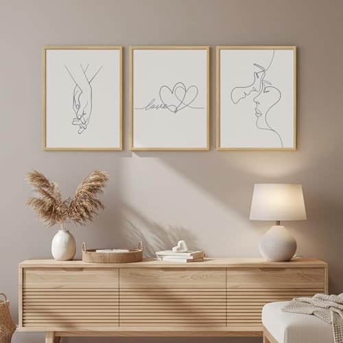 Framed Minimalist Line Love Bedroom Wall Art, 3 Piece Couple & Heart Prints Artwork for Walls, Modern Romantic Simple Black and White Painting Picture for Couple Bedroom Hallway Wall Decor, 12x16 Inch - color: White