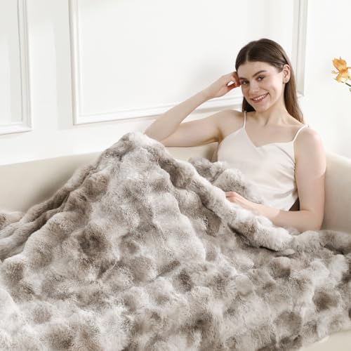 Faux Rabbit Fur Throw Blanket for Couch, Fluffy Warm Plush Thick Bubble Blanket for Bed Sofa Living Room, Soft Cozy Furry Blanket, 50x60 inches, Tie-dye Khaki - color: Tie-dye Khaki, size: Throw50"x60"