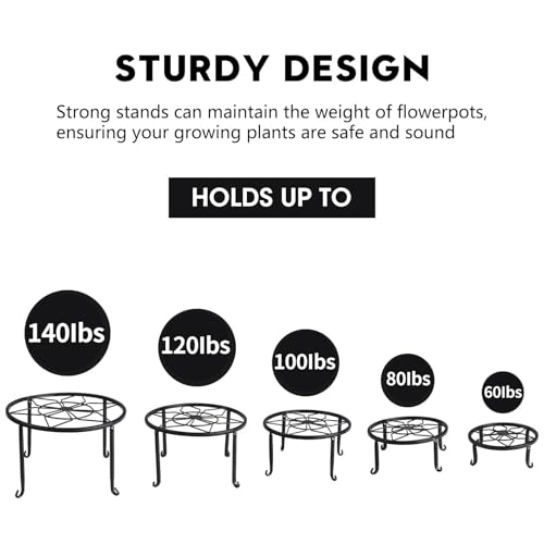 5 Pack Metal Plant Stands,Heavy Duty Potted Holder for Flower Pot,Indoor Outdoor Metal Rustproof Iron Garden Container Round Supports Rack for Planter - color: Black
