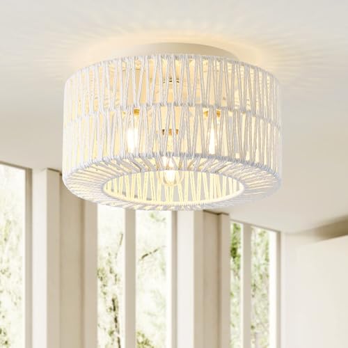 12.6" Rattan Flush Mount Ceiling Light Fixtures, 3-Light Boho Light Fixture Rattan Hand-Woven Chandelier Close to Ceiling Light Fixture for Bedroom Hallway Kitchen Dining Room Nursery(White) - color: 12.6”White