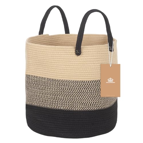 ShellKingdom Laundry Basket, Natural Rope Woven Storage Basket with Handles for Home, Living Room, Laundry, Storage Organizer for Blankets, Clothes, Plant, Toys, 15.7 x 13.8 INCH (3-Toned Khaki Black) - color: 3-Toned Khaki Black, size: 38L
