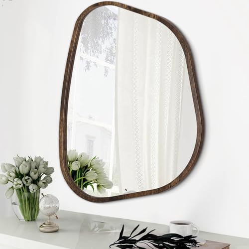 Asymmetrical Accent Mirror for Wall Irregular Oval Wood Frame Modern Unique Wall Mirrors Decorative Boho Vanity Bathroom Living Room Bedroom Entryway Hallway Artistic Wavy Mirror Small 16"x12" - color: Light Tan, size: 16"L x 12"W