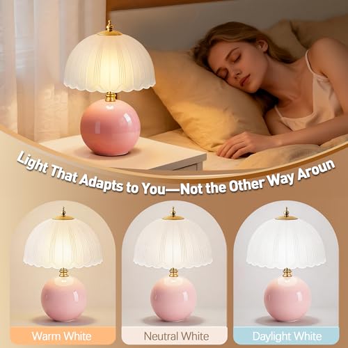 PARTPHONER Mushroom Table Lamp, Ceramic Bedside Lamp with Glass Shade, 3-Way Lighting (2700K-5000K) Rocker Switch, Small Nightstand Lamp for Bedroom, Living Room, Office, Pink - color: Pink