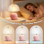 PARTPHONER Mushroom Table Lamp, Ceramic Bedside Lamp with Glass Shade, 3-Way Lighting (2700K-5000K) Rocker Switch, Small Nightstand Lamp for Bedroom, Living Room, Office, Pink - color: Pink