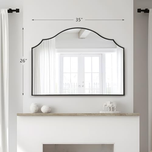 Besdomus Scalloped Arched Mirror for Mantel: 35"x26" Black Modern Wooden Wall Mirror - Minimalist Decorative Dresser for Vanity/Bathroom/Bedroom/Fireplace/Living Room/Entryway - Stylish Home Decor - color: Black, size: 26"L x 35"W