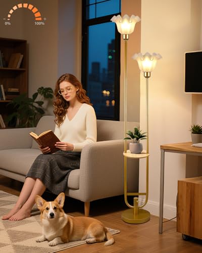 Flower Floor Lamps with Table, 2-Lights Dimmable Floral Floor Lamp, 3000K Warmwhite Modern Floor Lamp, Vintage Gold Standing Lamp with 5Lbs Heavy Base for Living Room Bedroom Girls Room - color: 2 Flower-Gold