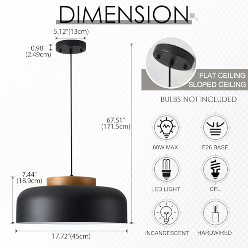 Modern Large Pendant Light Fixture, 17.7 inch,Natural Wood Cap, Matte Black Finish, Simple Pendant Lighting for Kitchen Island, Dining Room, Table - color: Black, size: 17.7 inches