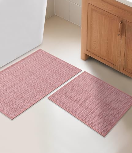 YIHOUSE Bathroom Rugs Sets 2 Pieces, Pink Ultra Thin Bath Mats Fit Under Door, Absorbent Quickly Dry Rubber Backing Braided Bath Mat Set, Non Slip Washable Bath Rugs for Bathroom Floor, Pink - color: Pink Multi, size: 2pieces
