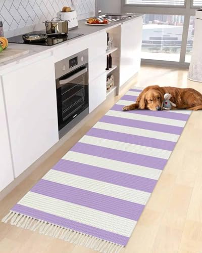 Purple Stripes Kitchen Runner Rug 2'x4', Washable Woven Cotton Area Rug with Tassels Bathroom Hallway Rug, Farmhouse White Simple Vertical Striped Entryway Bedroom Rug Non Slip Throw Rug Carpet - color: Purple, size: 2 x 4 ft