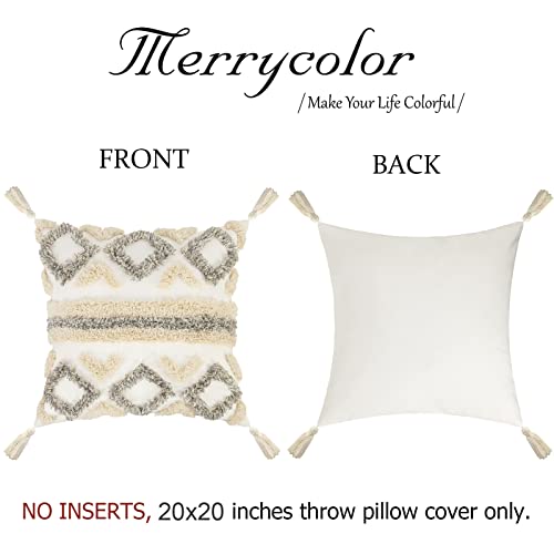 Merrycolor White Grey Boho Pillow Covers 20x20 with Tassels Tufted Decorative Gray Throw Pillows Neutral Modern Accent Pillowcase Farmhouse Square Cushion Covers for Couch Sofa Bedroom Living Room - color: Grey and White 2, size: 20" x 20" (Pack of 1)