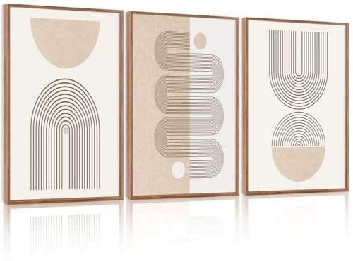CHDITB Mid-Century Modern Framed Canvas Wall Art Set Of 3, Neutral Art Boho Wall Decor, Beige Geometric Wall Painting, Abstract Minimalist Art Prints For Living Room, Bedroom (12X16 Inch) - color: Abstract line wall art