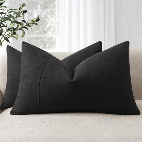 ZWJD 12x20 Pillow Covers Set of 2 Decorative Linen Lumbar Pillow Covers Solid Handcrafted Striped Cushion Covers for Bed Soft Modern Farmhouse Neutral Pillowcase for Couch Bedroom Living Room (Black) - color: Black, size: 20" x 12" (Pack of 2)