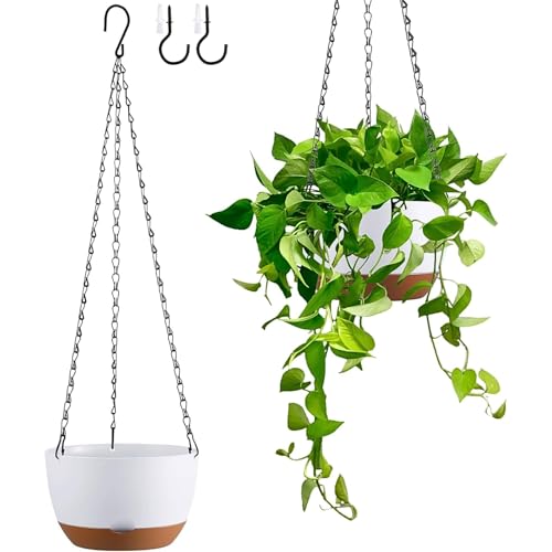 Set of 2 Hanging Planters for Indoor Outdoor Plants, 8 Inch Self-Watering Hanging Flower Pots with Drainage Hole & Removable Water-Storage Tray (Hooks) - color: White, size: 8 Inch (S)
