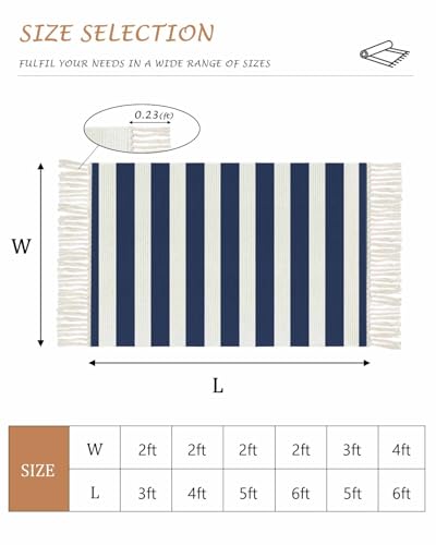 Navy Blue Stripes Kitchen Runner Rug 2'x4', Washable Woven Cotton Area Rug with Tassels Bathroom Hallway Rug, Farmhouse White Simple Vertical Striped Entryway Bedroom Rug Non Slip Throw Rug Carpet - color: Navy Blue, size: 2 x 4 ft