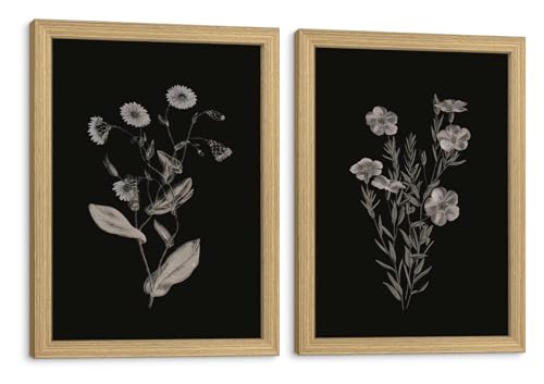 2Pc Framed Canvas Black Floral Wall Art Dark Toned Floral Painting Picture Wall Decor Vintage Plants Poster Print Artwork For Living Room Bedroom Office 12x16 Inches Can Be Hung Directly - color: Blackened flowers, size: 16"L x 12"W