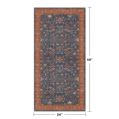 Hazo Haus Washable 2x4 Entry Rug Front Door Indoor, Farmhouse Small Area Rugs for Kitchen, Bathroom, Entrance, Non Slip Rubber Backed, Perfect for Boho Décor (2x4 Navy Blue) - color: Blue / Terracotta, size: 2' x 4' (Rectangular)
