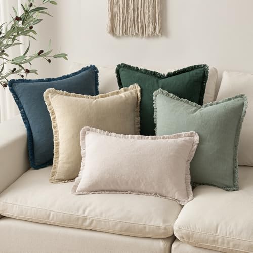 MIULEE Decorative Throw Pillow Covers Neutral Linen Fringe Throw Pillows Set of 2 Beige Boho Farmhouse Cushion Covers with Tassels for Couch Sofa Bed Living Room Spring Home Decor 18x18 Inch - color: Beige, size: 18" x 18" (Pack of 2)