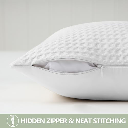 100% Egyptian Cotton 600 TC Waffle Weave Throw Pillow Covers 2 Pack, Ultra Soft Breathable Euro Pillow Shams Covers, Decorative Cushion Covers for Bed Couch Sofa Car, No Insert, White, 18" x 18" - color: White, size: 18" x 18" (Pack of 2)
