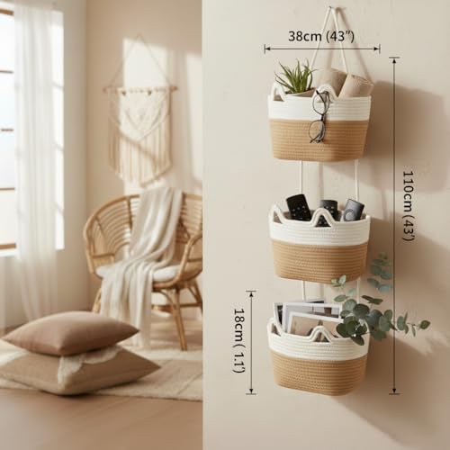 Hanging Wall Basket, Over the Door Hanging Basket with Hooks, Decorative Hanging Basket for Wall, Door, Nursery, Living Room, Bathroom, Cat-Like Design for Boho Decor, White & Jute - color: White&Honey
