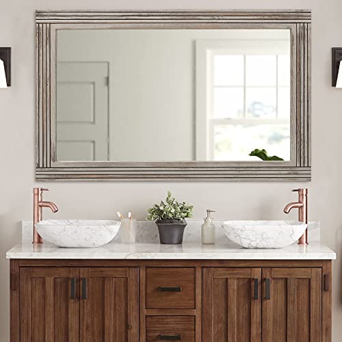 YOSHOOT Hand-Made Wooden Spliced Wall Mirror for Bathroom, Rustic Farmhouse Vanity Mirror, Décor Wall Art, Solid Wood Frame, Vertical or Horizontal Hanging - color: Spliced White Grey, size: 48"L x 30"W
