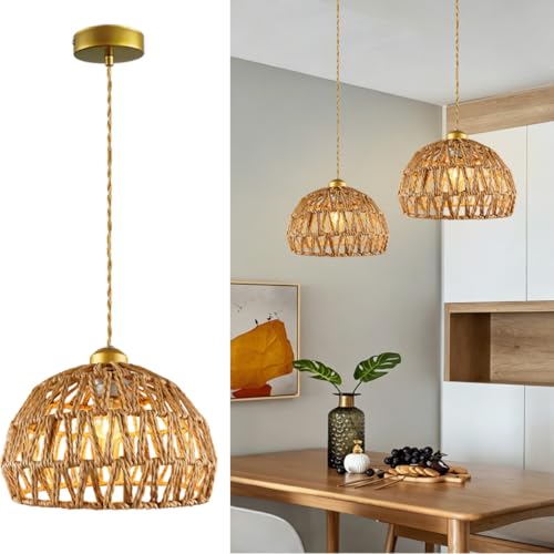 Rattan Pendant Light Fixtures, 9.8” Boho Woven Basket Pendant Light, Handmade Wicker Hanging Lamp, Rustic Wicker Chandelier for Kitchen Island, Dining Room, Living Room, Bedroom, E26 Base - color: 9.84″-Round