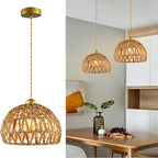 Rattan Pendant Light Fixtures, 9.8” Boho Woven Basket Pendant Light, Handmade Wicker Hanging Lamp, Rustic Wicker Chandelier for Kitchen Island, Dining Room, Living Room, Bedroom, E26 Base - color: 9.84″-Round