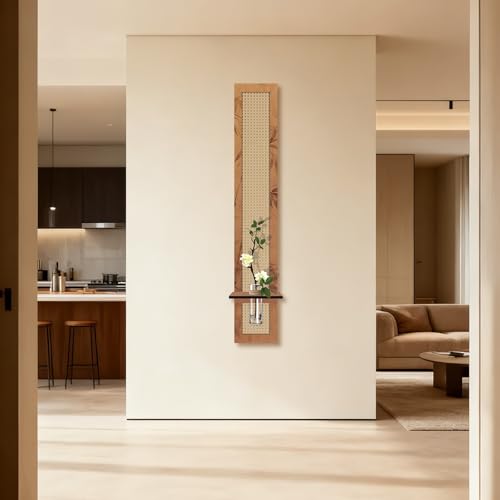 YOOSART 8" x 47" Boho Vertical Rattan Wall Art with Water Vase Stand, Neutral Style Wall Planter Decor with Artificial Floral Accents, Tall Narrow Wall Decor for Living Room, Entryway (Bamboo Weaving)