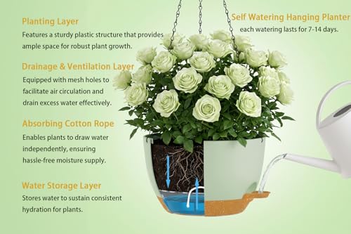 Hanging Planters, 3-Pack 10 Inch Self-Watering Pots with Drainage Holes and Chains, Matte Plastic Planters for Indoor/Outdoor Plant（Green Brown） - color: Green Brown, size: 10 inches