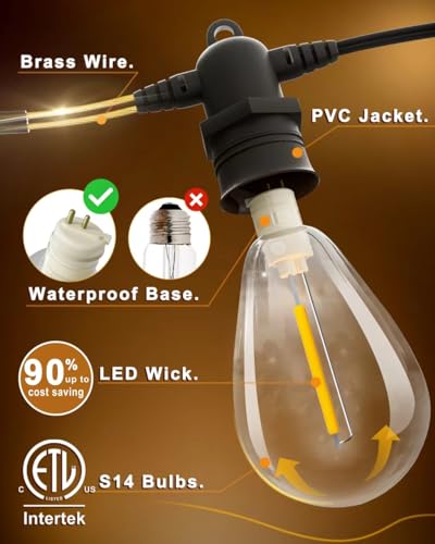 60FT LED Outdoor String Lights with 16+1 Edison Shatterproof IP65 Waterproof Bulbs, 2700K Dimmable Commercial Grade Patio Lights for Garden, Porch, Deck Decor - size: 60 Ft