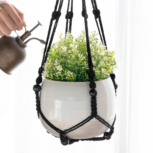 Mkono 3 Pack Macrame Plant Hangers Indoor Different Size Hanging Planter Basket Flower Pot Holder with Beads No Tassels 35"/29"/23", Medium, Black - color: Black, size: Medium