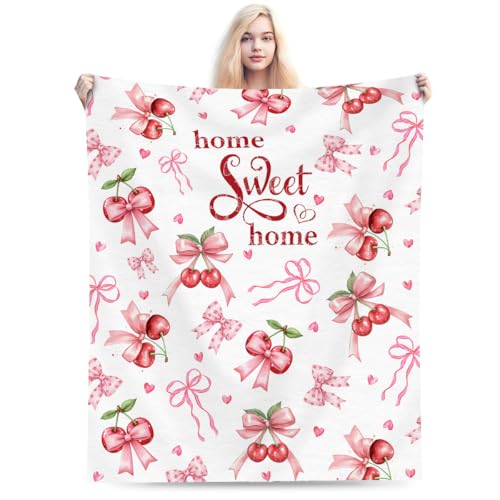 Pink Cherry Throw Blanket, Summer Fruit Retro Red Ribbon Sweet Home Seasonal Warm Cozy Farmhouse Flannel Soft Blanket for Couch Chair Sofa Bed Bedroom Living Room Car Camping 30"x 40" - color: Cherry01, size: 30X40 inch