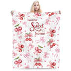 Pink Cherry Throw Blanket, Summer Fruit Retro Red Ribbon Sweet Home Seasonal Warm Cozy Farmhouse Flannel Soft Blanket for Couch Chair Sofa Bed Bedroom Living Room Car Camping 30"x 40" - color: Cherry01, size: 30X40 inch