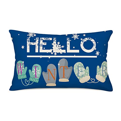 Hello Winter Throw Lumbar Pillow Cover 12x20 Blue White Snowflake Christmas Decorations Farmhouse Decorative Cushion Case Decor Gloves Winter Holiday for Home Sofa Couch - color: Blue Hello Winter Snowflake