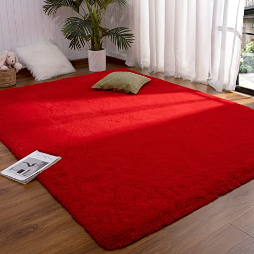 DETUM Red Living Room Rug 5X8 Area Rug Red Christmas Rugs for Bedroom Master Room Dining Dorm Kids Room Machine Washable Nonslip Carpets Soft and Fluffy Modern Home Decoration - color: Red, size: 5 x 8 Feet