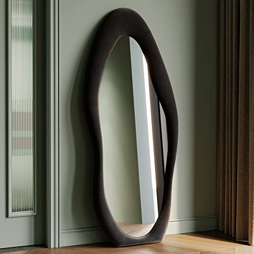 Honyee Full Length Mirror, 63" x 24" Wall Mirror, Flannel Wrapped Wooden Frame Floor Mirror, Irregular Wavy Mirror Hanging or Leaning Against Wall for Cloakroom/Bedroom/Living Room, Black - color: Black, size: 63"L x 24"W