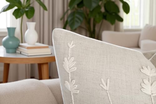 VAGMINE Embroidered Wildflower Floral 18x18 Throw Pillow Cover - Natural Linen Square Cushion for Sofa Couch Bed - Cottagecore Farmhouse Spring Decor - Daisy - color: Natural-daisy, size: 18" x 18" (Pack of 1)