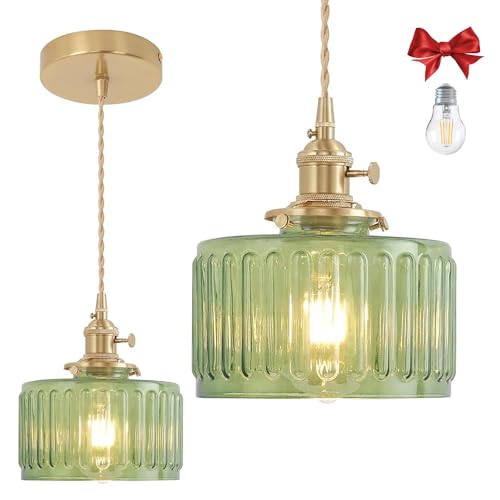 Green Striped Glass Pendant Light, 1 Natural Light Bulb Included, Adjustable Cord with Switch, Suitable for Kitchen Island/Dining Room - color: Green 1pc Ribbed Glass Pendant Light