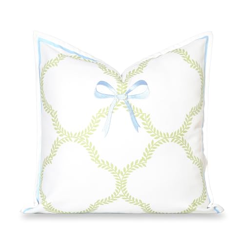 Hofdeco Premium Coastal Grandmillennial Patio Indoor Outdoor Throw Pillow Cover Only, 20"x20" Water Repellent for Backyard, Couch, Poolside, Grass Green Embroidered Ribbon Bow Tie on Leaves - color: Grass Green Ribbon Bow Tie on Leaves 20"x20"