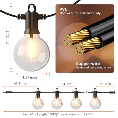 Kawaya 300FT Outdoor String Lights - LED Waterproof Patio Light for Outside with 146+4 G40 Globe Blubs - Shatterproof Hanging Lights for Porch Bistro Backyard Gazebo Balcony Cafe - size: 300FT