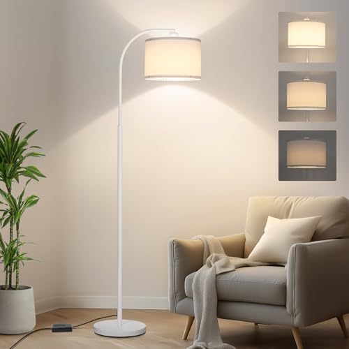 Floor lamps for Living Room, White Arc Floor Lamp with Stepless Dimmer, Modern Standing Lamp with Adjustable Drum Shade, Tall Pole Lamp for Bedroom Study Room Office, 9W 3000K LED Bulb Included - color: White