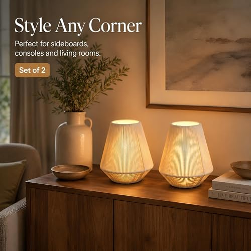 JHY DESIGN Set of 2 Woven Lampshade Table Lamps 8" H Cotton Rope Bedside Light‌s Cordless Decorative Battery Operated Lamps with 6 Hours Timer for Bedroom Living Room Home Parties Patio Events - color: 7"D Off-white