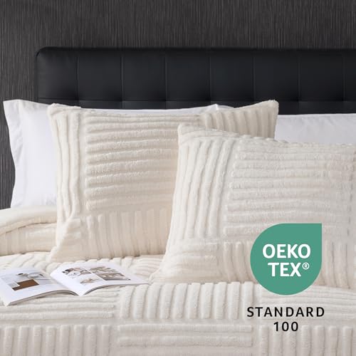 Amélie Home Fleece Comforter Set Queen Size, Beige Fleece Bedding Set with Stripe Jacquard, Soft Fluffy Bedding Set, 3 Pieces, 1 Warm Comforter and 2 Pillowcases - color: Stripe Patchwork Beige, size: Queen (90"x90")