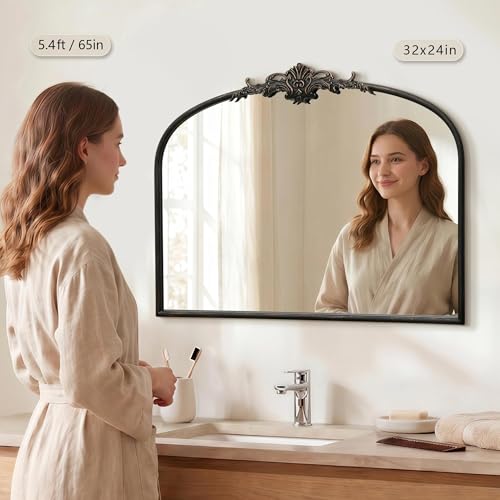 Besdomus Vintage Arched Black Mirror: 32"x24" French Large Black Vintage Wall Mirror - Baroque Traditional Ornate for Living Room/Fireplace/Bathroom- Ideal Gifts for Housewarming/Birthday - color: Black, size: 24"L x 32"W