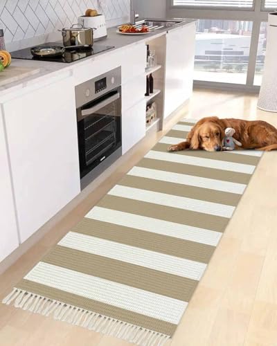 Khaki Stripes Kitchen Runner Rug 2'x4', Washable Woven Cotton Area Rug with Tassels Bathroom Hallway Rug, Farmhouse Brown Simple Vertical Striped Entryway Bedroom Rug Non Slip Throw Rug Carpet - color: Khaki, size: 2 x 4 ft