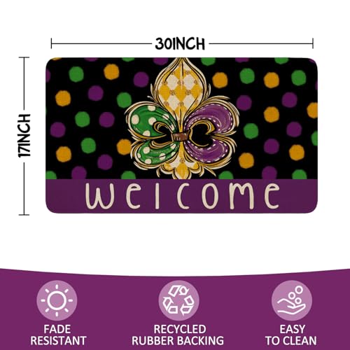 Mardi Gras Door Mat,Green Alligator New Orleans Carnival Masquerade Mask Beads Indoor Outdoor Non-Slip Doormat,Entryway Front Porch Welcome Mat for Entrance Decor 30" x 17" - color: Mardi Gras Doormat 4